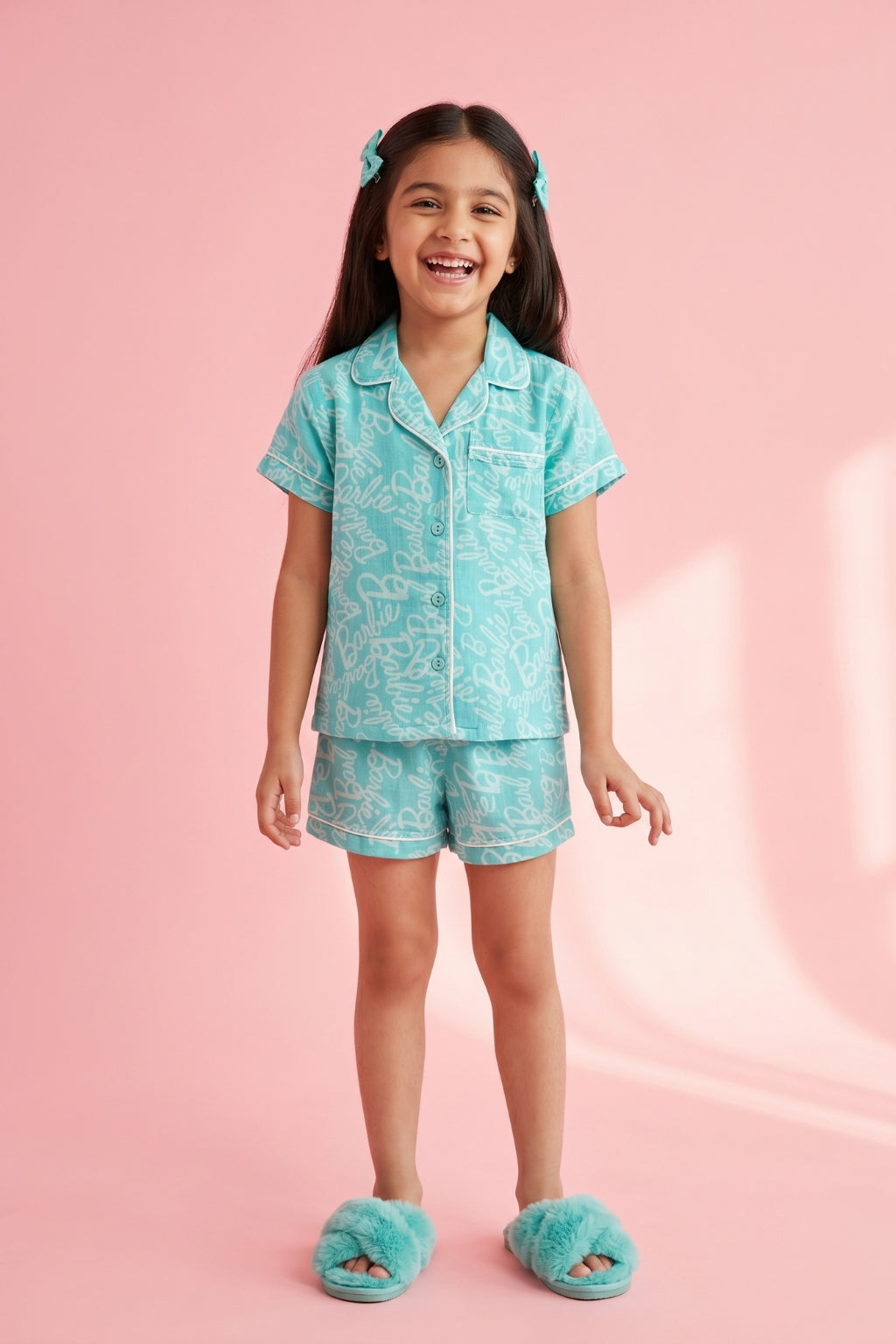 Barbie Aqua Blue Logo Printed Shirt & Shorts Nightsuit Set BANS0050