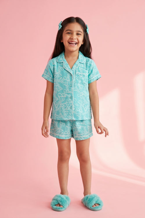 Barbie Aqua Blue Logo Printed Shirt & Shorts Nightwear Set BANS0050