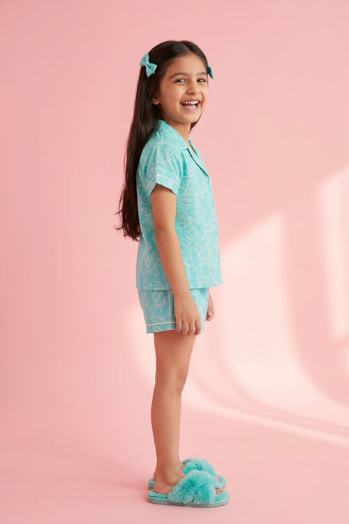 Barbie Aqua Blue Logo Printed Shirt & Shorts Nightwear Set BANS0050