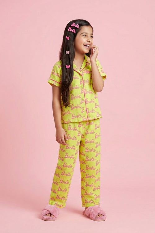 Barbie Yellow Printed Shirt & Full Pant Nightwear Set BANS0052