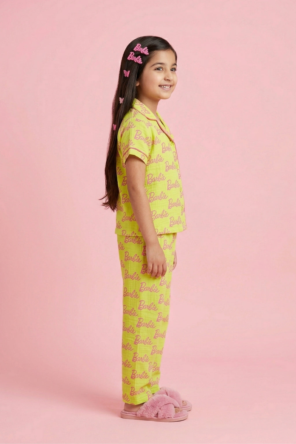 Barbie Yellow Printed Shirt & Full Pant Nightwear Set BANS0052