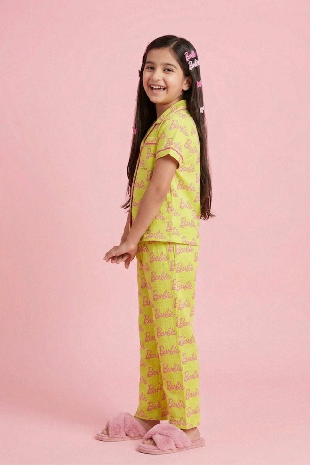 Barbie Yellow Printed Shirt & Full Pant Nightwear Set BANS0052