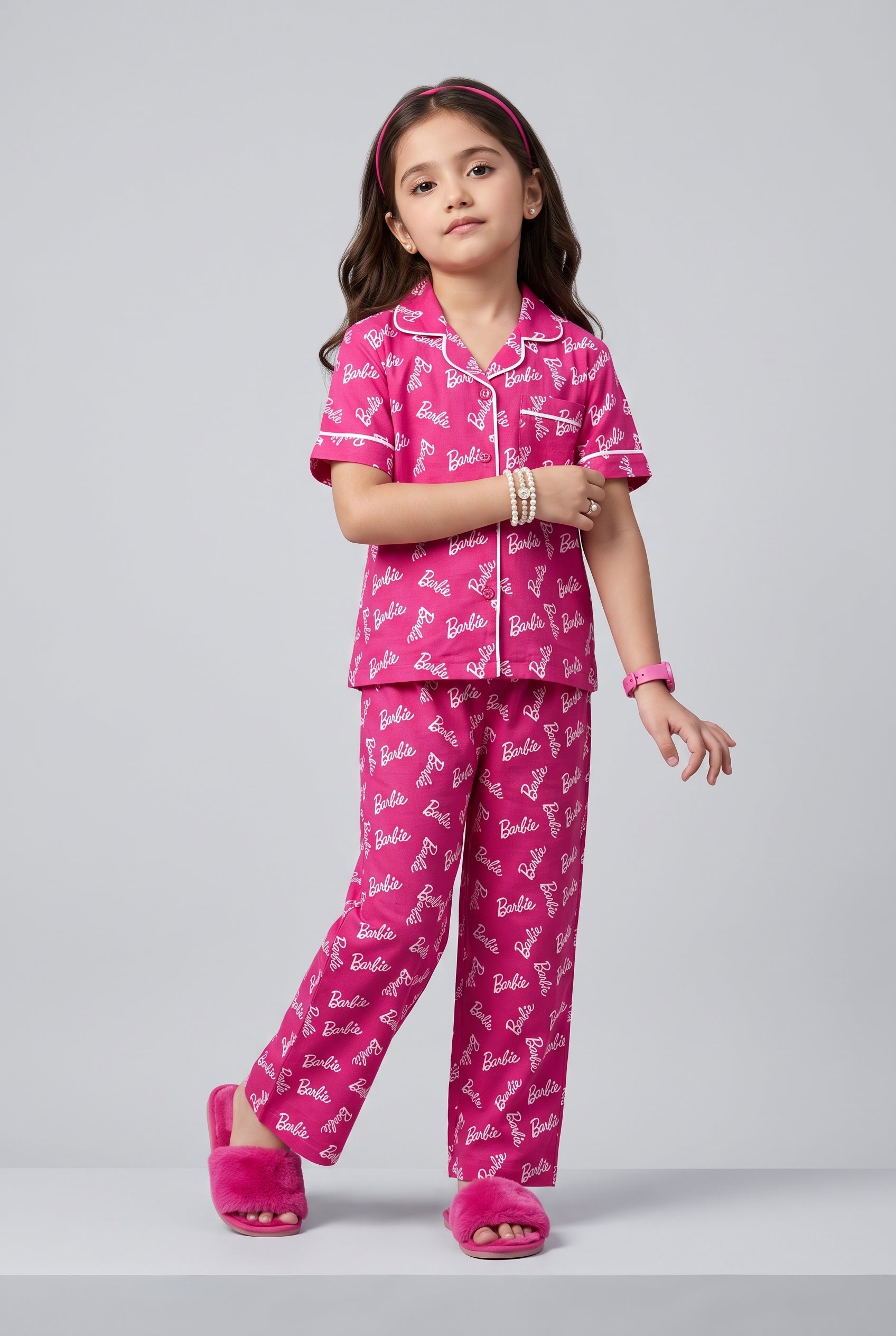 Barbie Pink Logo Print Shirt & Pant Night Suit Set BANS0053