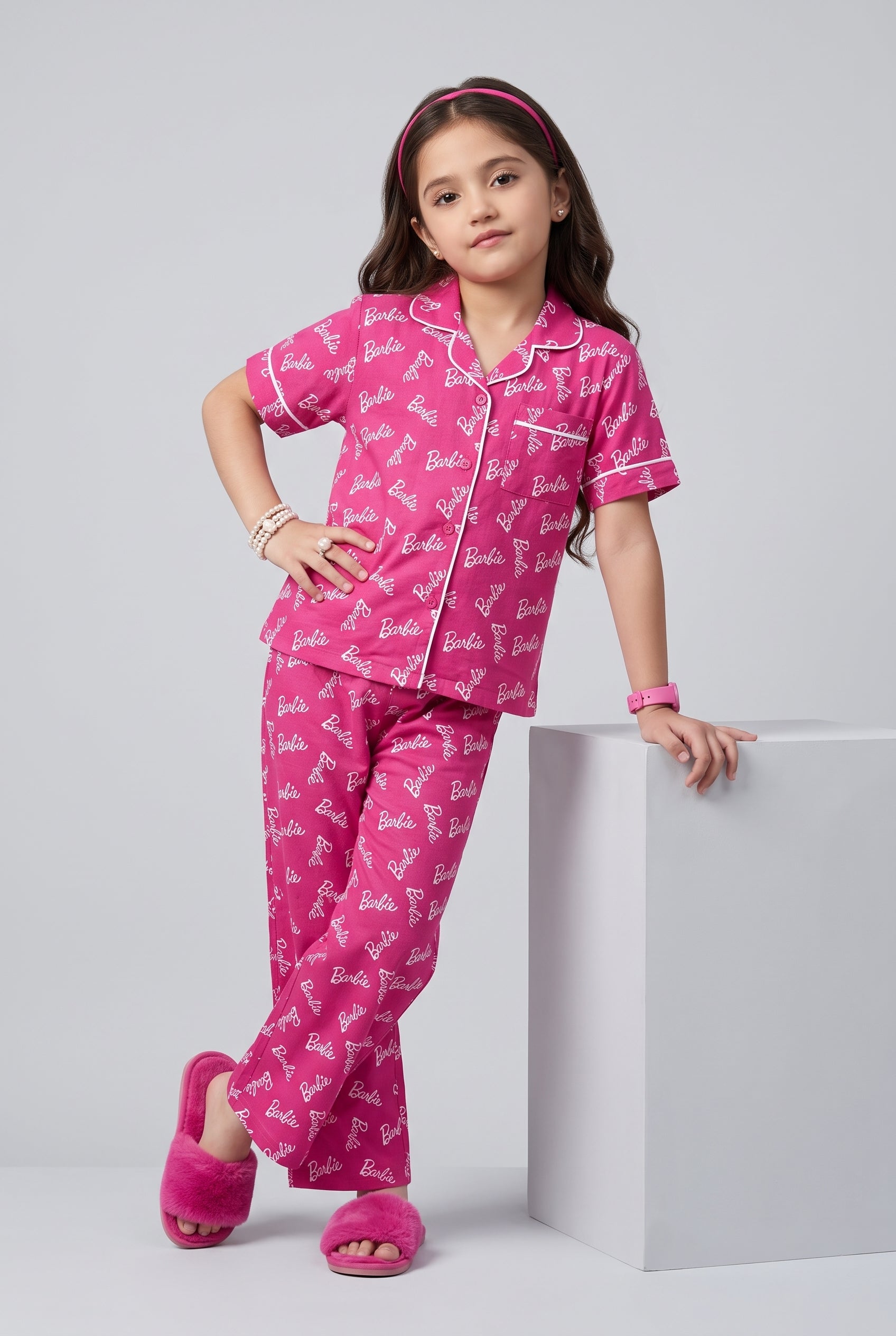 Barbie Pink Logo Print Shirt & Pant Night Suit Set BANS0053