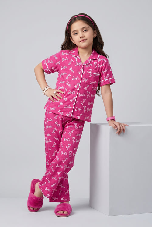 Barbie Pink Logo Print Shirt & Pant Night Suit Set BANS0053