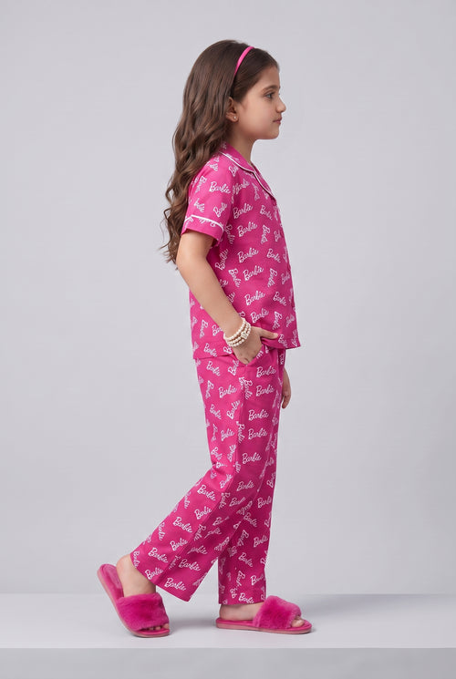 Barbie Pink Logo Print Shirt & Pant Night Suit Set BANS0053