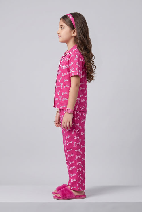 Barbie Pink Logo Print Shirt & Pant Night Suit Set BANS0053