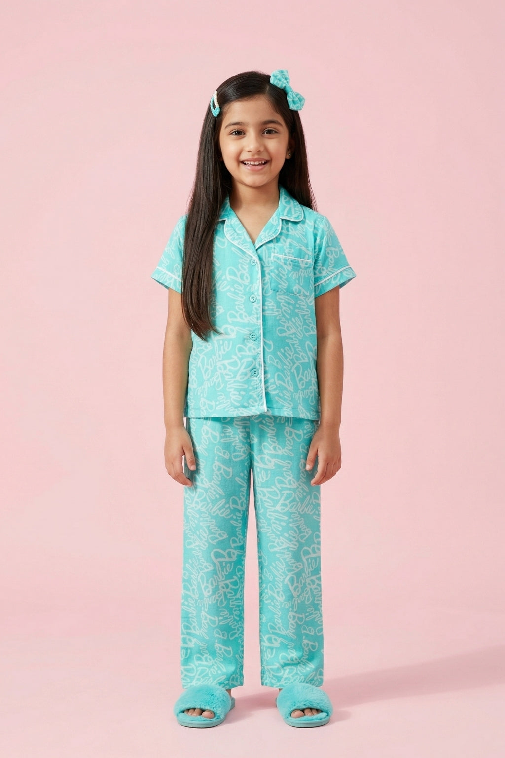 Barbie Aqua Blue Printed Shirt & Full Pant Nightsuit Set BANS0054