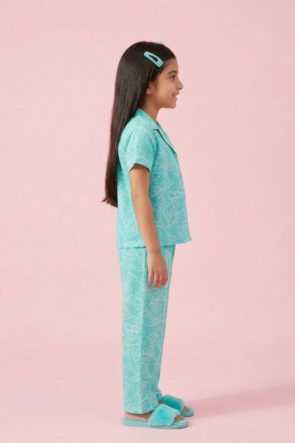Barbie Aqua Blue Printed Shirt & Full Pant Nightwear Set BANS0054