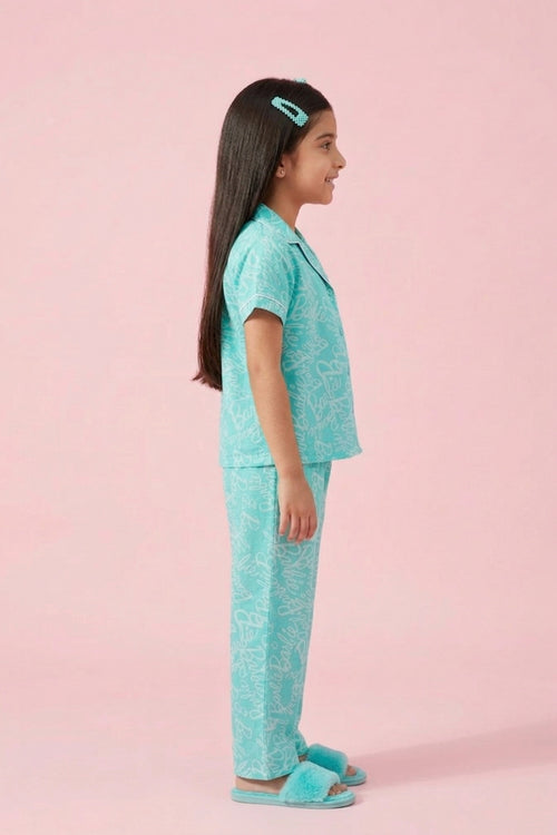 Barbie Aqua Blue Printed Shirt & Full Pant Nightwear Set BANS0054