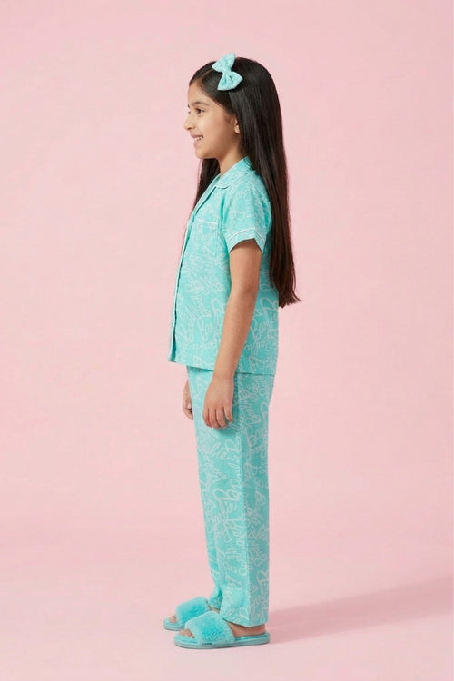 Barbie Aqua Blue Printed Shirt & Full Pant Nightwear Set BANS0054