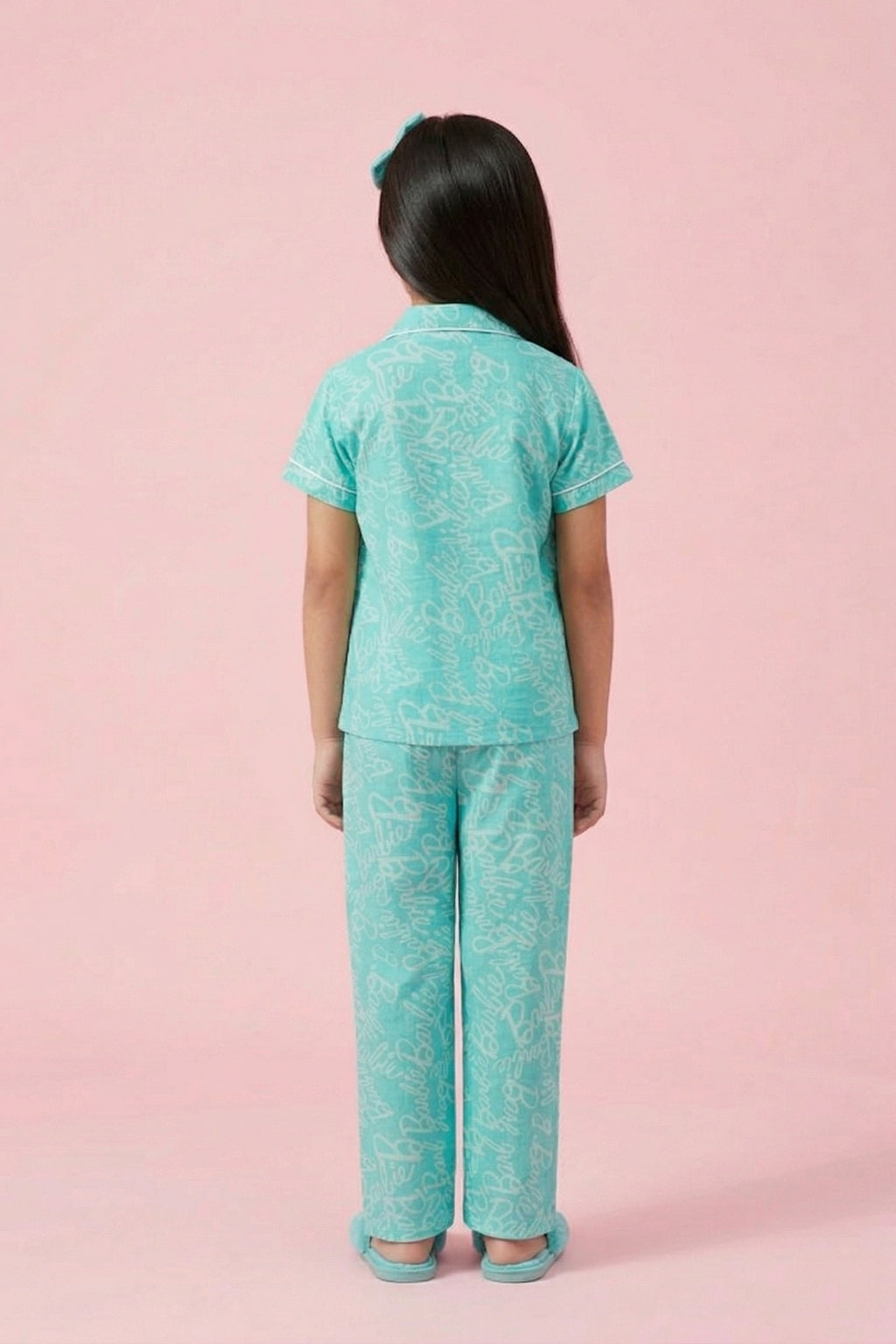 Barbie Aqua Blue Printed Shirt & Full Pant Nightsuit Set BANS0054