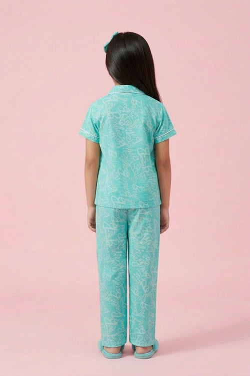 Barbie Aqua Blue Printed Shirt & Full Pant Nightwear Set BANS0054