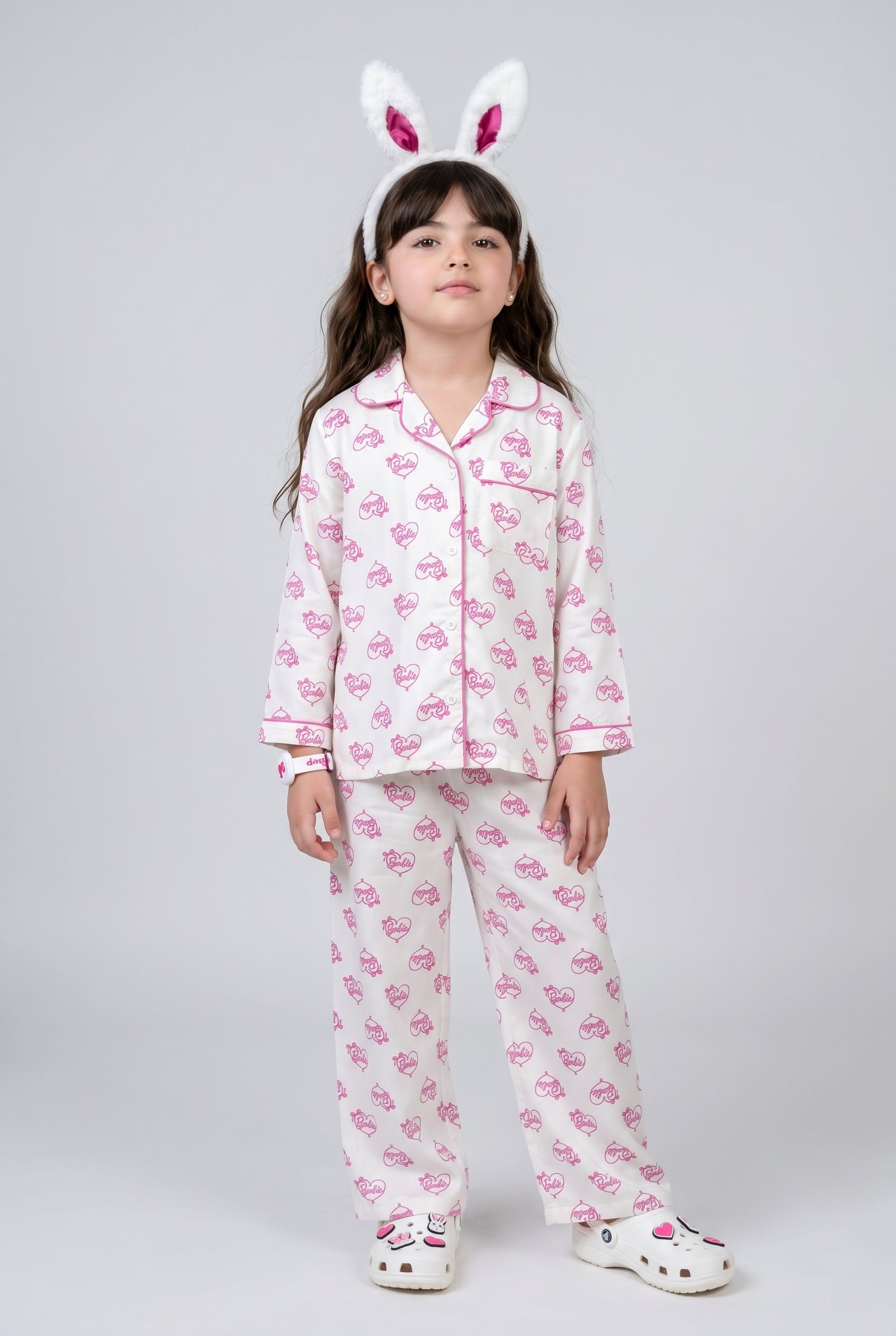 Barbie Off-White Heart Print Shirt & Pyjama Night Suit BANS0086