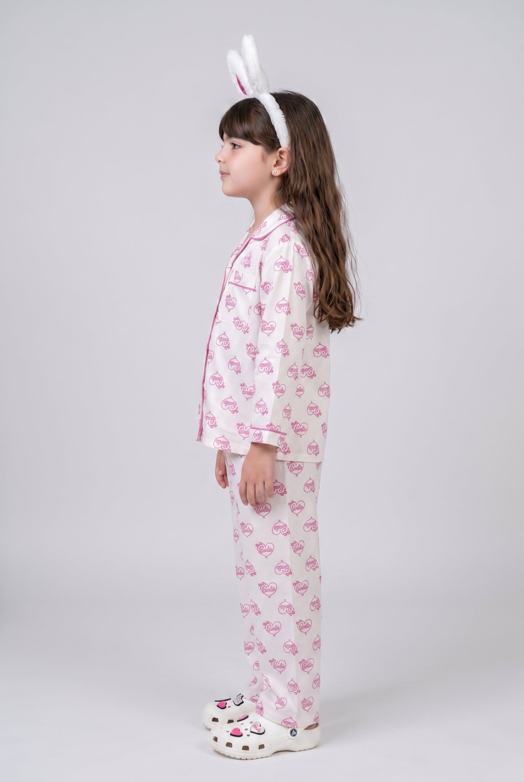 Barbie Off-White Heart Print Shirt & Pyjama Night Suit BANS0086