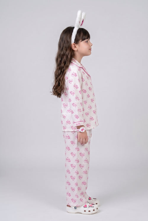 Barbie Off-White Heart Print Shirt & Pyjama Night Suit BANS0086