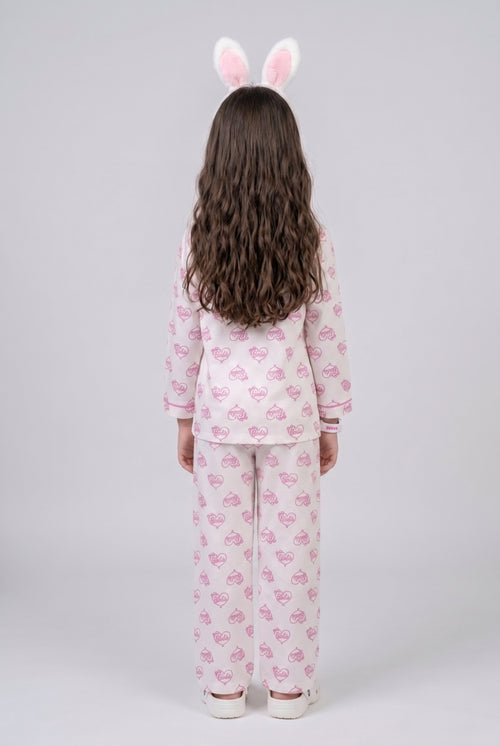 Barbie Off-White Heart Print Shirt & Pyjama Night Suit BANS0086
