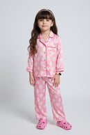 Barbie Pink Satin Printed Shirt & Pyjama Night Suit BANS0094
