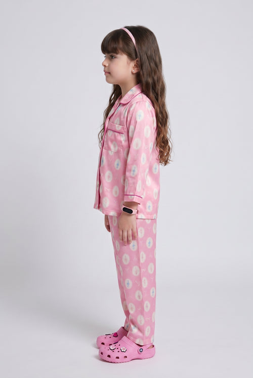 Barbie Pink Satin Printed Shirt & Pyjama Night Suit BANS0094
