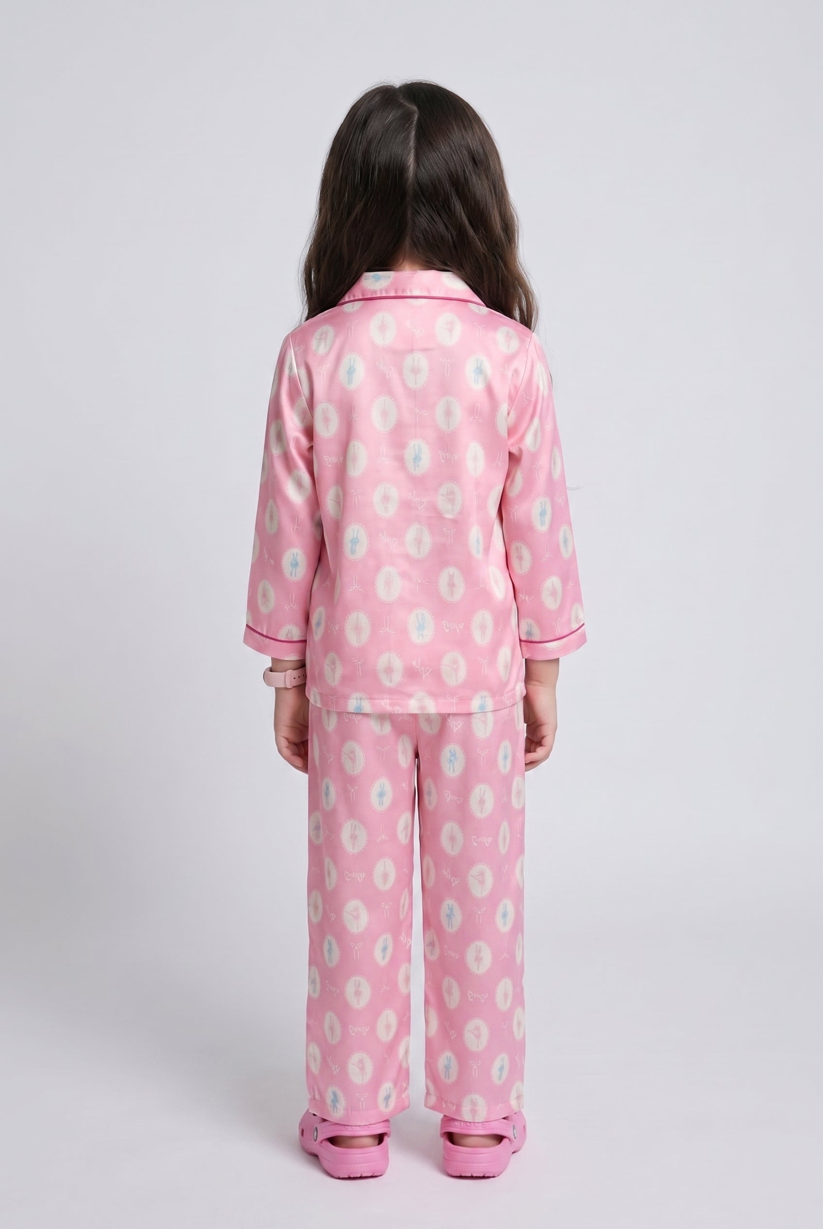 Barbie Pink Satin Printed Shirt & Pyjama Night Suit BANS0094