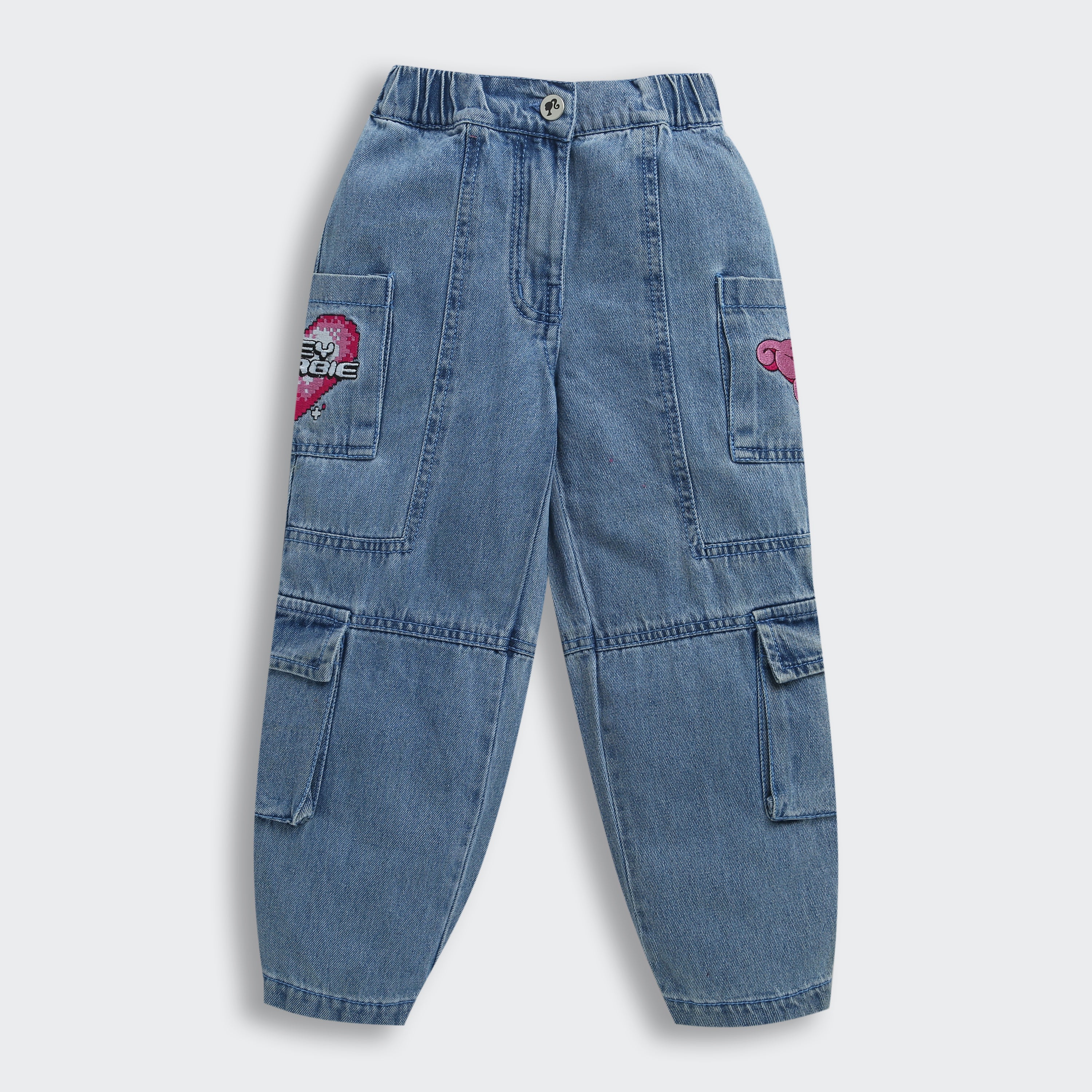 Barbie Denim Heart Embroidered Cargo Pants | Stylish Girls Casual Wear | Kids