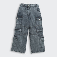 Barbie Washed Black Cargo Denim Pants for Girls