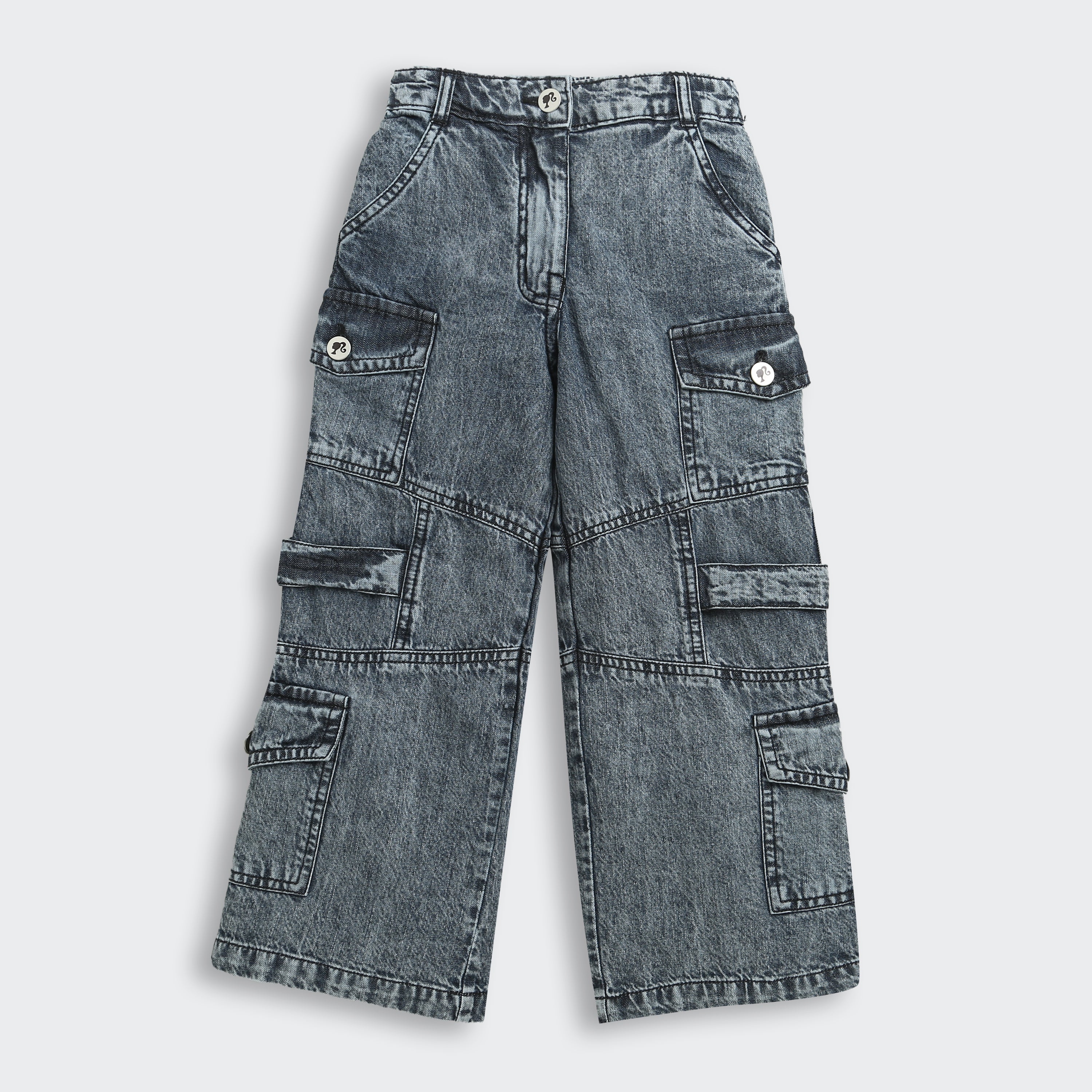 Barbie Washed Black Cargo Denim Pants for Girls