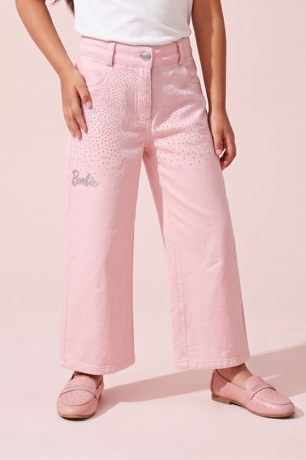 Barbie Pink Rhinestone Embellished Wide Leg Jeans BAP647