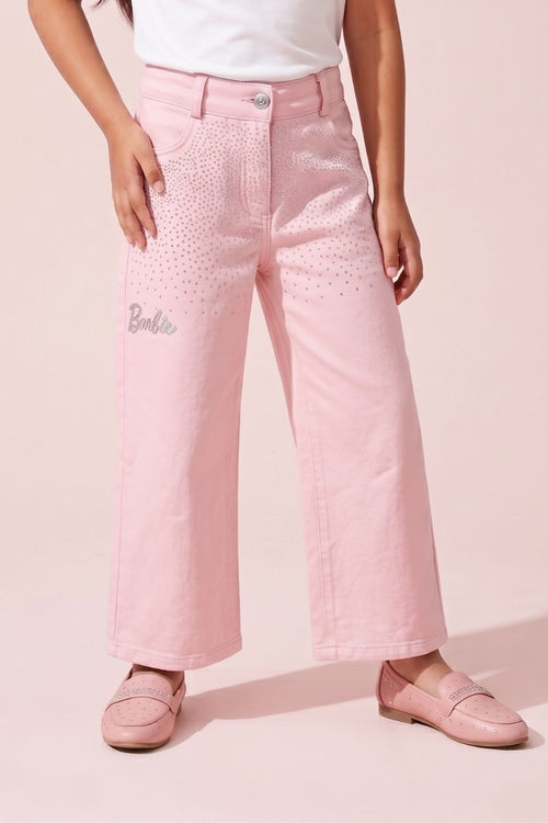 Barbie Pink Rhinestone Embellished Wide Leg Jeans BAP647