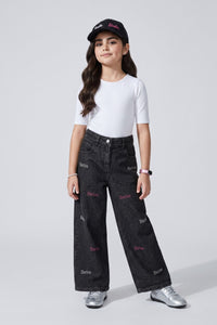 Barbie Embroidered Washed Black Wide-Leg Jeans BAP662