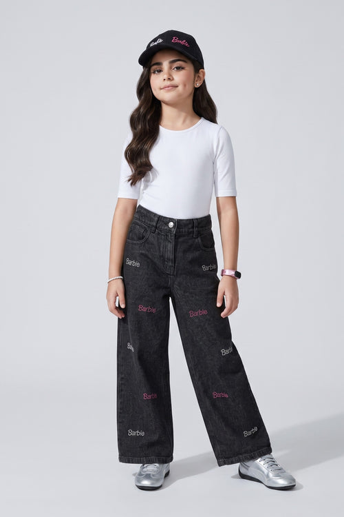 Barbie Embroidered Washed Black Wide-Leg Jeans BAP662
