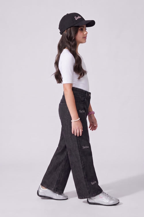 Barbie Embroidered Washed Black Wide-Leg Jeans BAP662