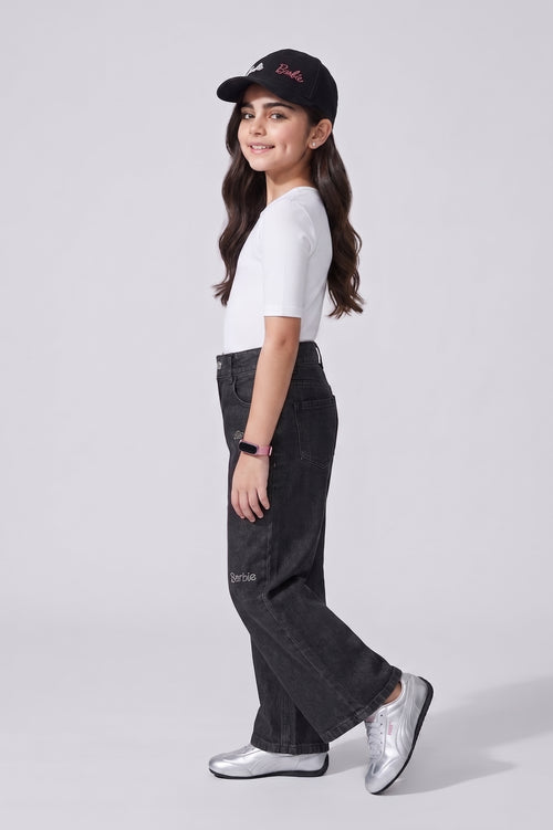 Barbie Embroidered Washed Black Wide-Leg Jeans BAP662