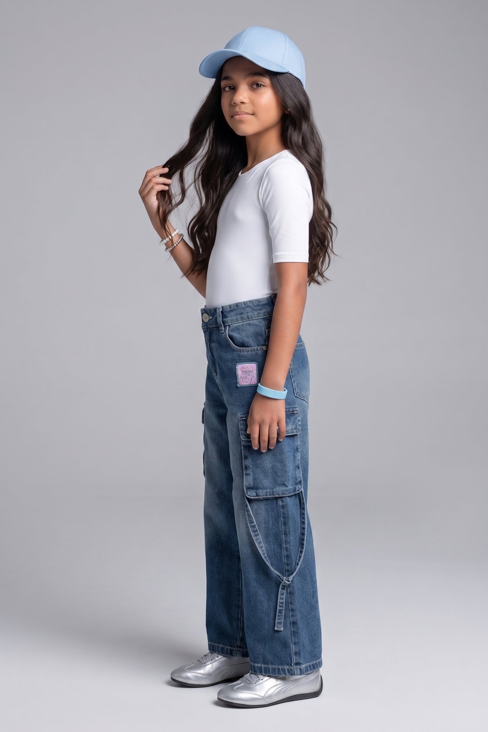 Barbie Blue Wide-Leg Cargo Jeans with Utility Pockets BAP669
