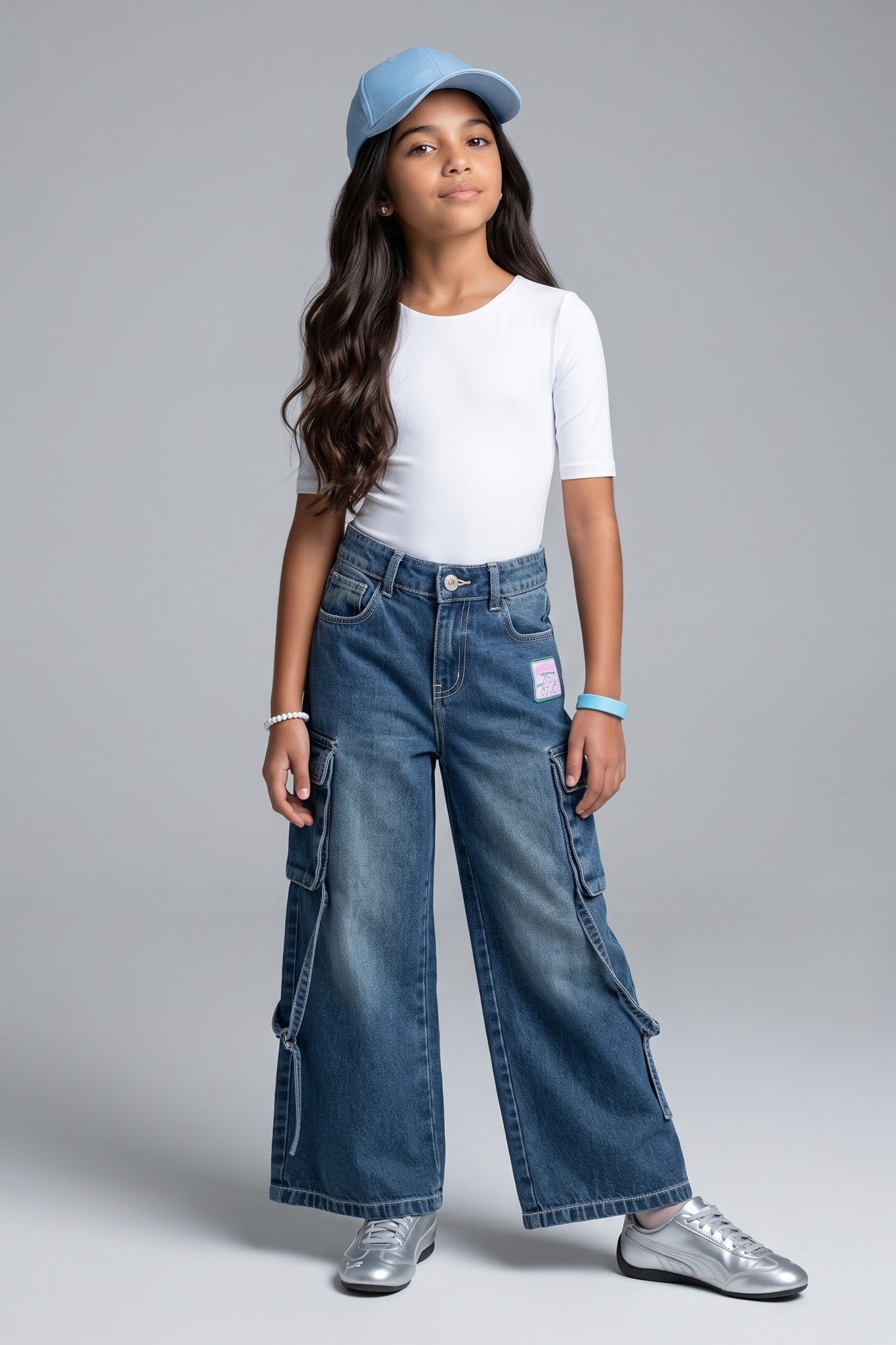 Barbie Blue Wide-Leg Cargo Jeans with Utility Pockets BAP669