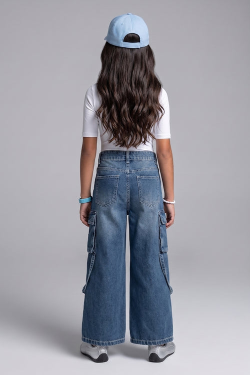 Barbie Blue Wide-Leg Cargo Jeans with Utility Pockets BAP669