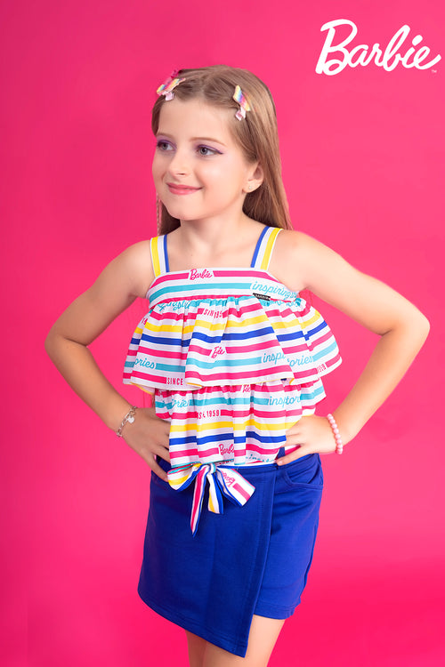 Barbie x Tiny Girl Rainbow Frill Top & Skirt Set for Girls | Party Wear