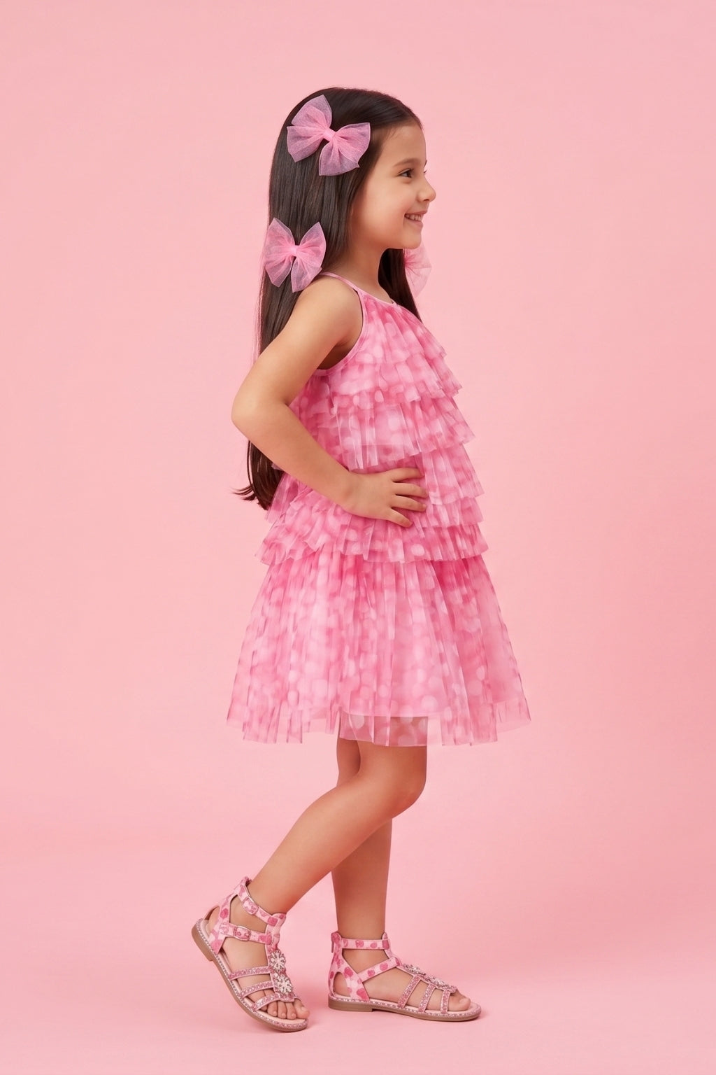 Barbie Pink Layered Polka Net Dress BASET328