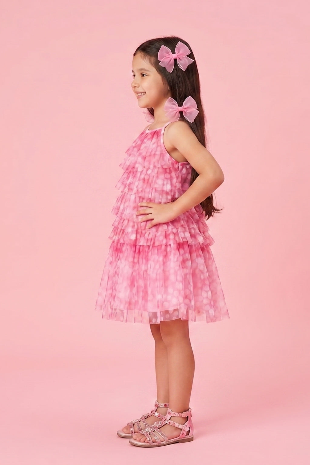 Barbie Pink Layered Polka Net Dress BASET328