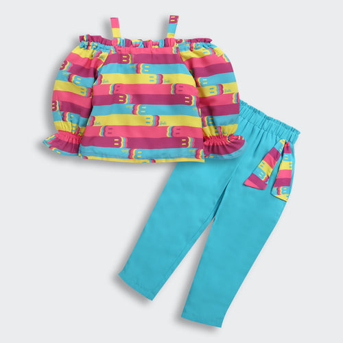 Rainbow Stripe Top & Aqua Pants Set BASET346