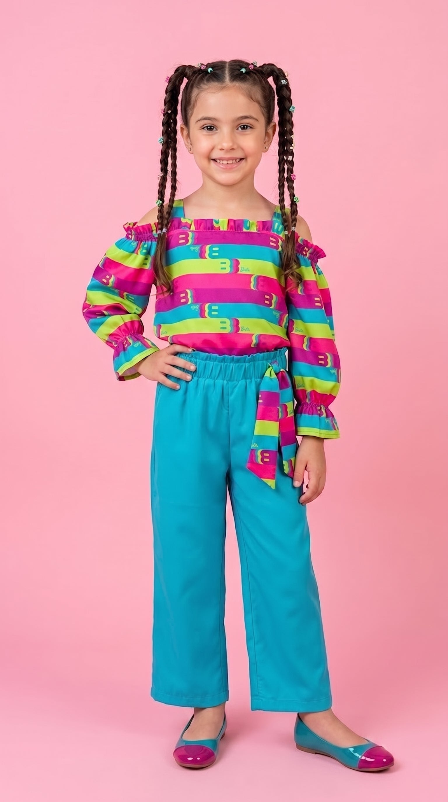 Rainbow Stripe Top & Aqua Pants Set BASET346