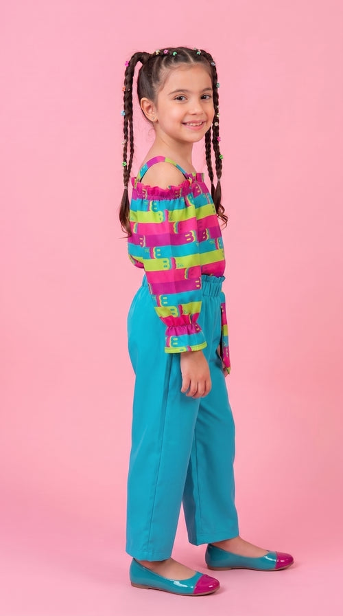 Rainbow Stripe Top & Aqua Pants Set BASET346