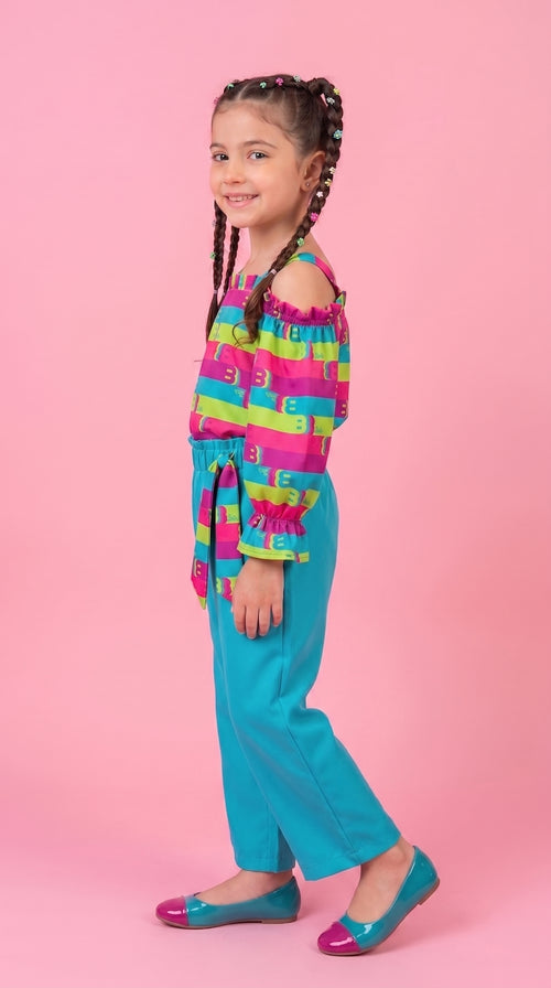 Rainbow Stripe Top & Aqua Pants Set BASET346