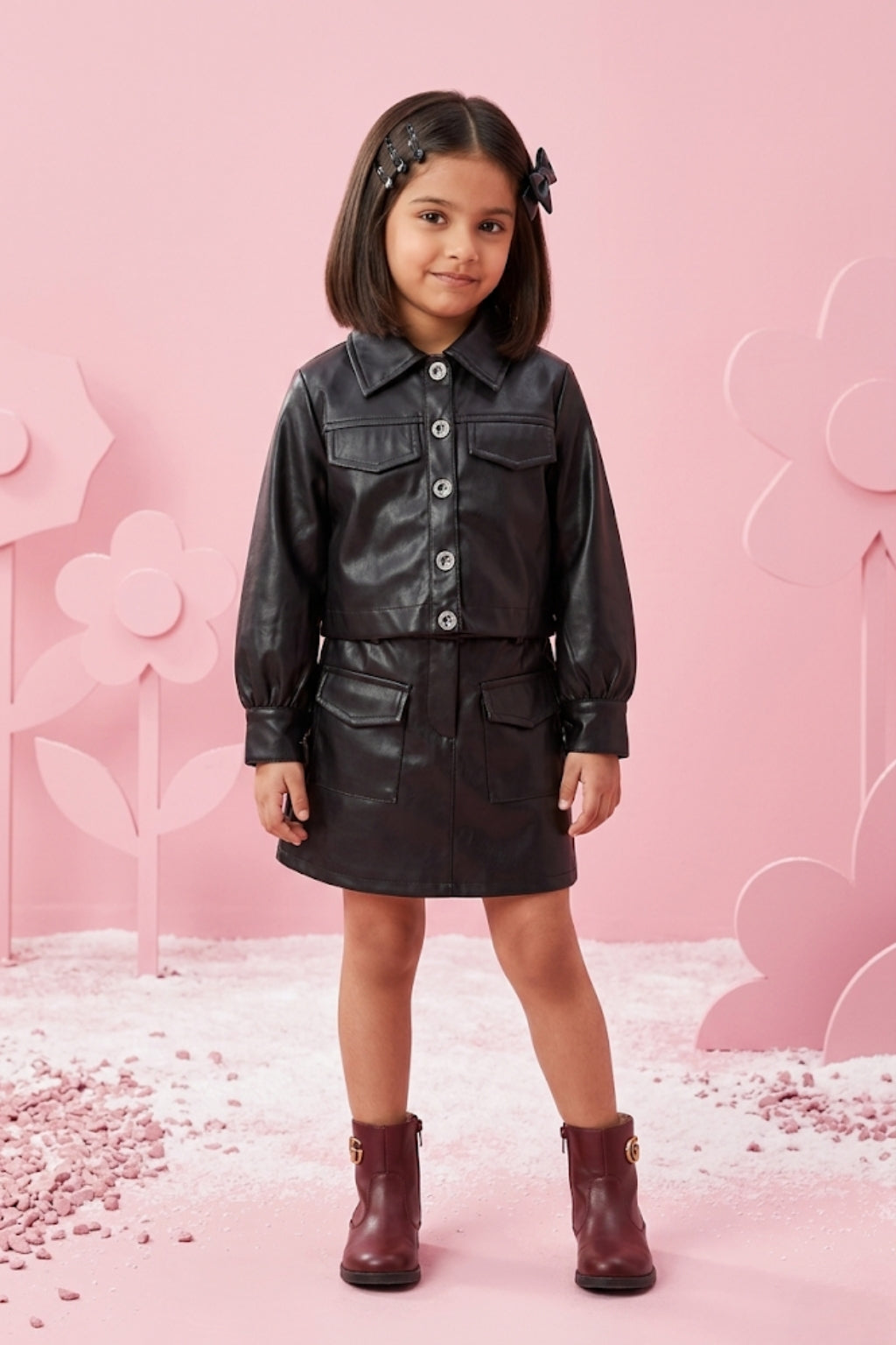 Cool Party Look Black Faux Leather Co-ord Set BASET363