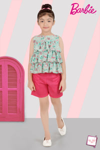 Mint Floral Ruffle Top & Pink Shorts Set – Playful Daywear