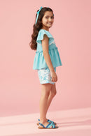 Aqua Peplum Top & Printed Shorts Set BASET387