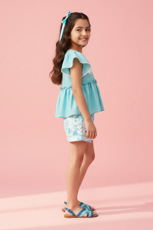 Aqua Peplum Top & Printed Shorts Set BASET387