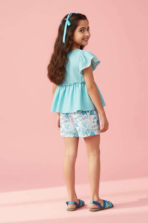 Aqua Peplum Top & Printed Shorts Set BASET387