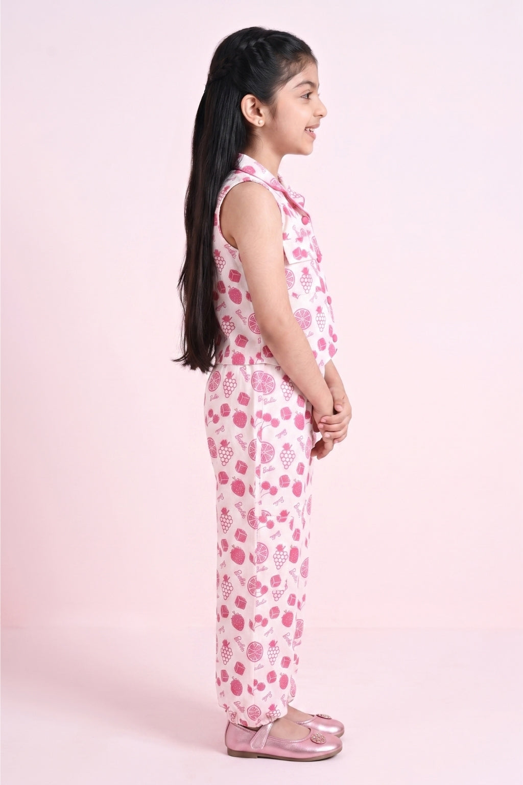 Barbie White & Pink Printed Jumpsuit BASET406