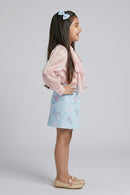 Peach Ruffle Organza Top with Blue Barbie Print Skirt Set BASET470
